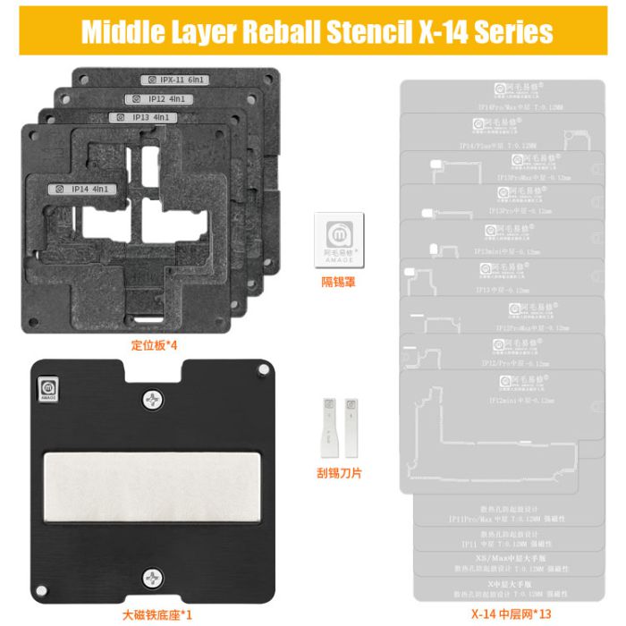 Middle Layer BGA Reballing Stencil for iphone X-11 12 13 14 Series Planting Tin Template