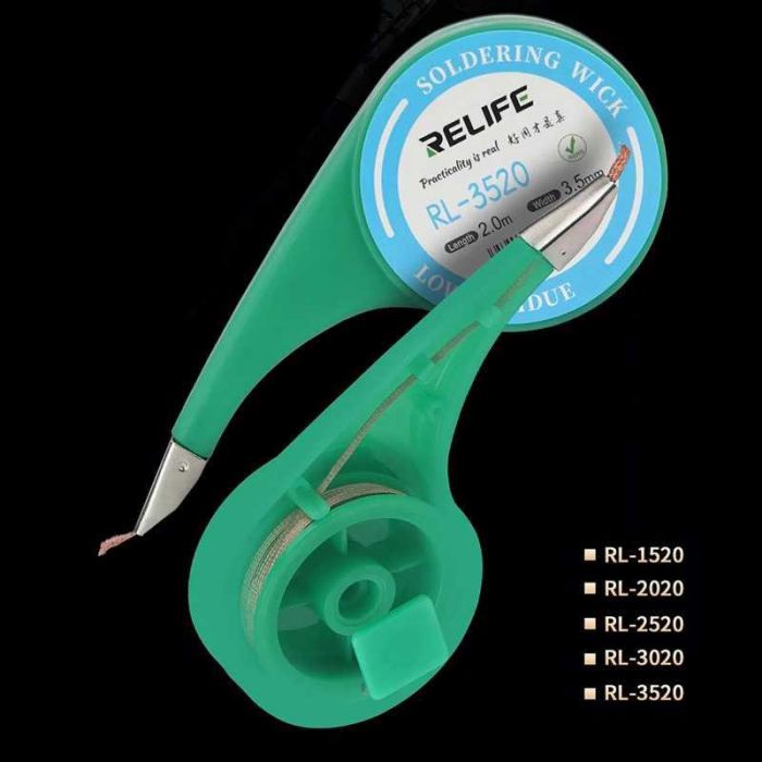 Relife Low residue Desoldering Wick Braid With Thumb Wheel Dispenser in Five Widths 1.5mm 2mm 2.5mm 3.0mm